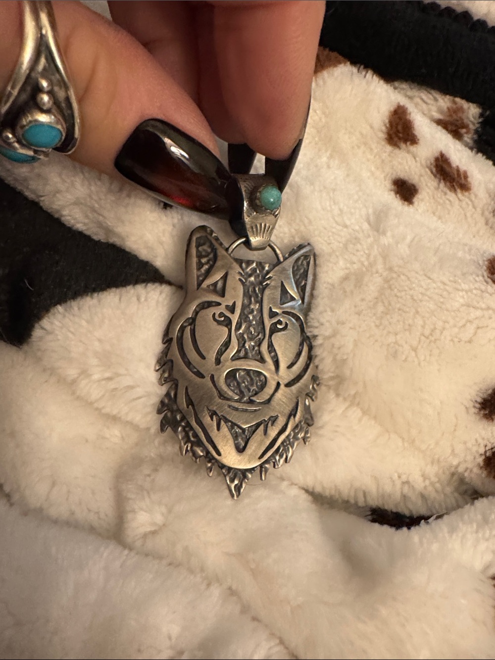 Vintage Sterling Silver Wolf Head Pendant Necklace with Turquoise Accent